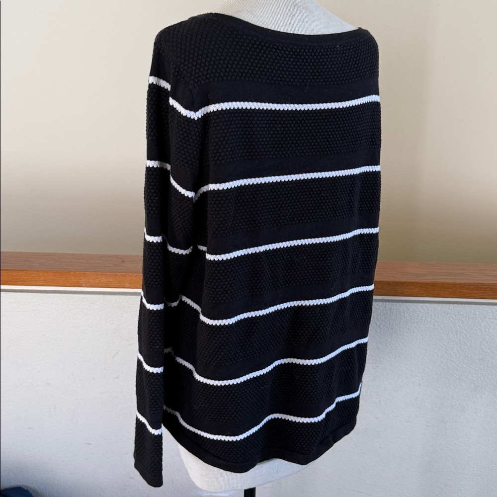 Chico’s Black with white strip waffle Knit Sweater top fits large